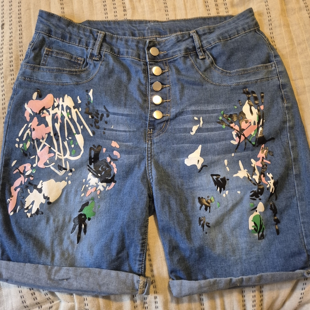 High Waisted Denim Shorts With Paint Splatter